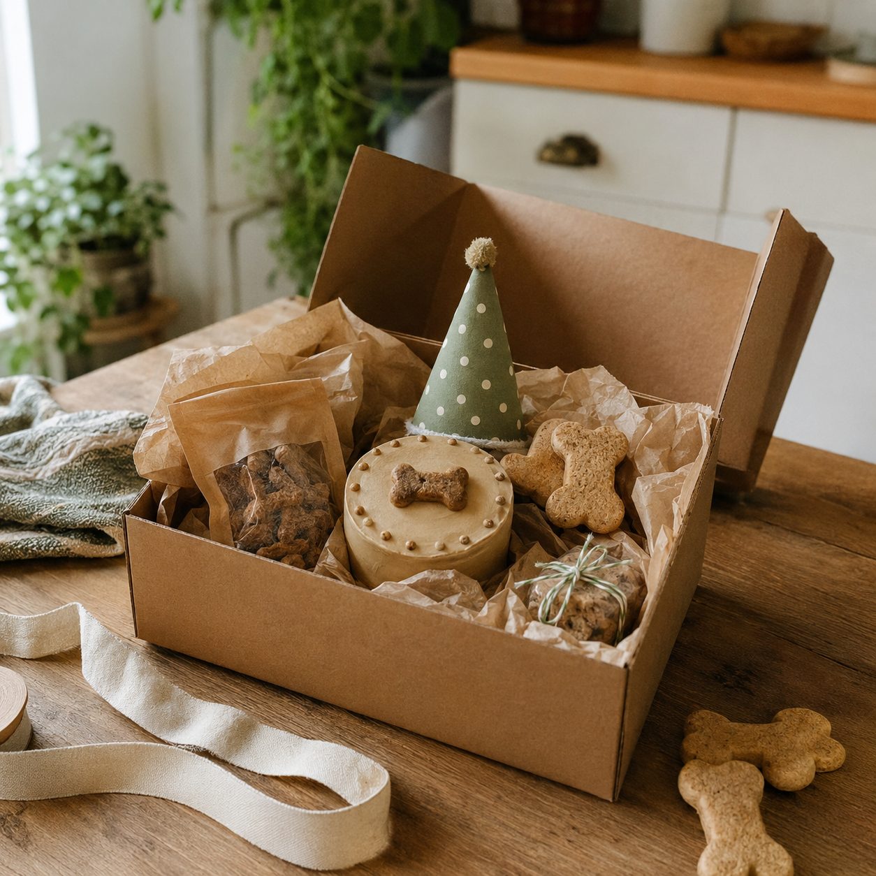 Box de cumpleaños para perros con torta, snacks y decoración
