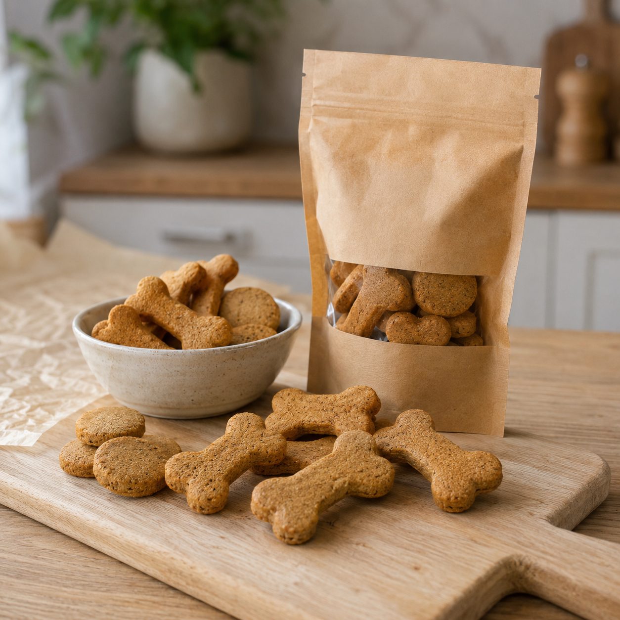 Galletitas artesanales caseras para perros apiladas sobre una tabla de madera