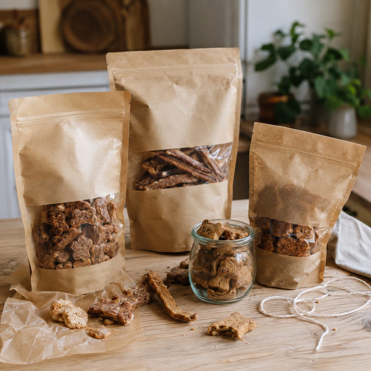 Pack de snacks caseros para perros presentado en bolsa transparente con etiqueta