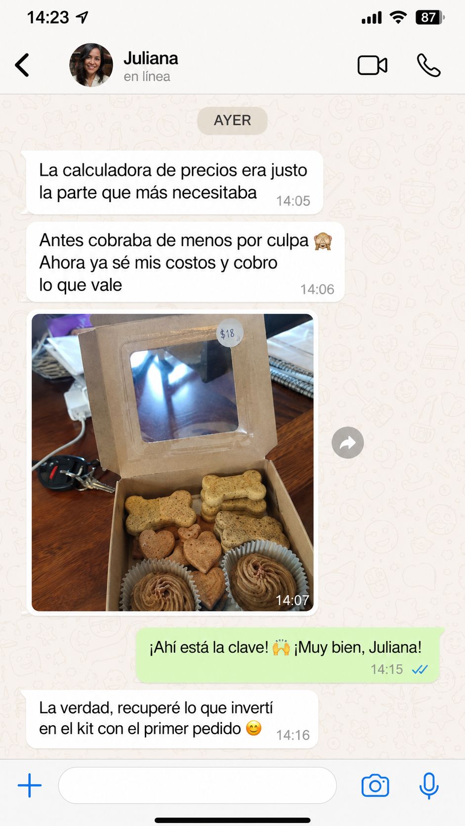 Captura de WhatsApp: una alumna cuenta que la calculadora de precios la ayudó a cobrar lo que vale