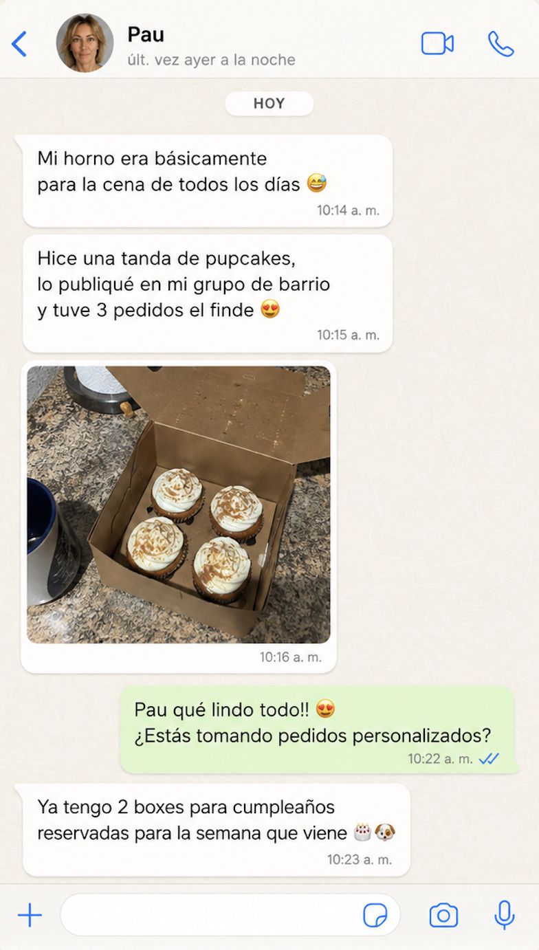 Captura de WhatsApp: una alumna cuenta que consiguió 3 pedidos el fin de semana y 2 boxes reservadas